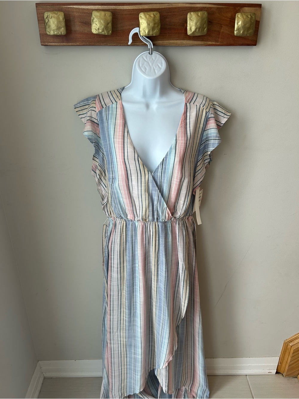 Caslon Stripe Wrap Midi Dress Belted Flutter Sleeve L NWT Coastal Casual